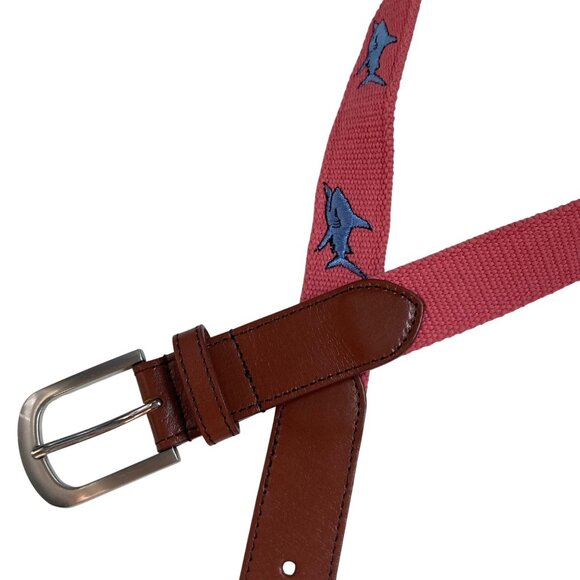 Embroidered Shark Belt Mens 32 Canvas Leather Nantucket Red Preppy Old Money - Picture 1 of 7